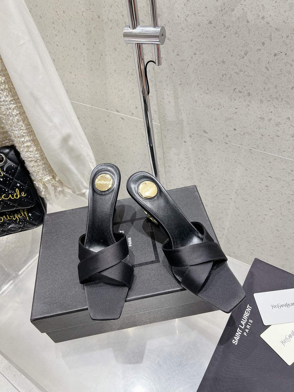 OPYUM HIGH MULES 85 MM IN BLACK SATIN CREPE