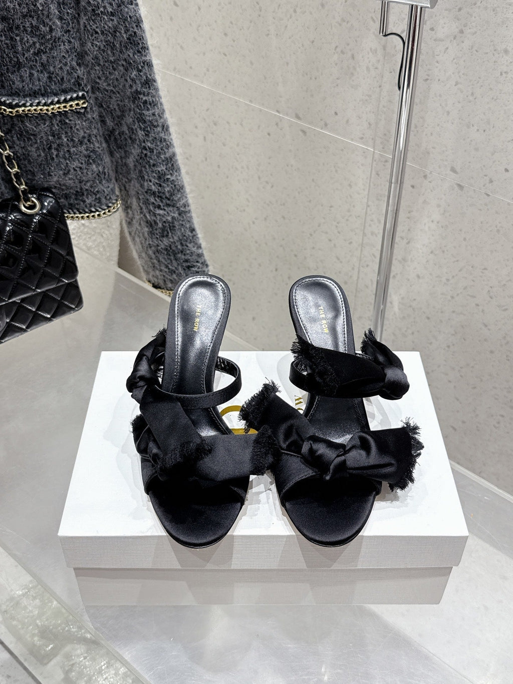 The Row Strap High Heel Mule Sandals 80mm Black Satin And Sheepskin 338378