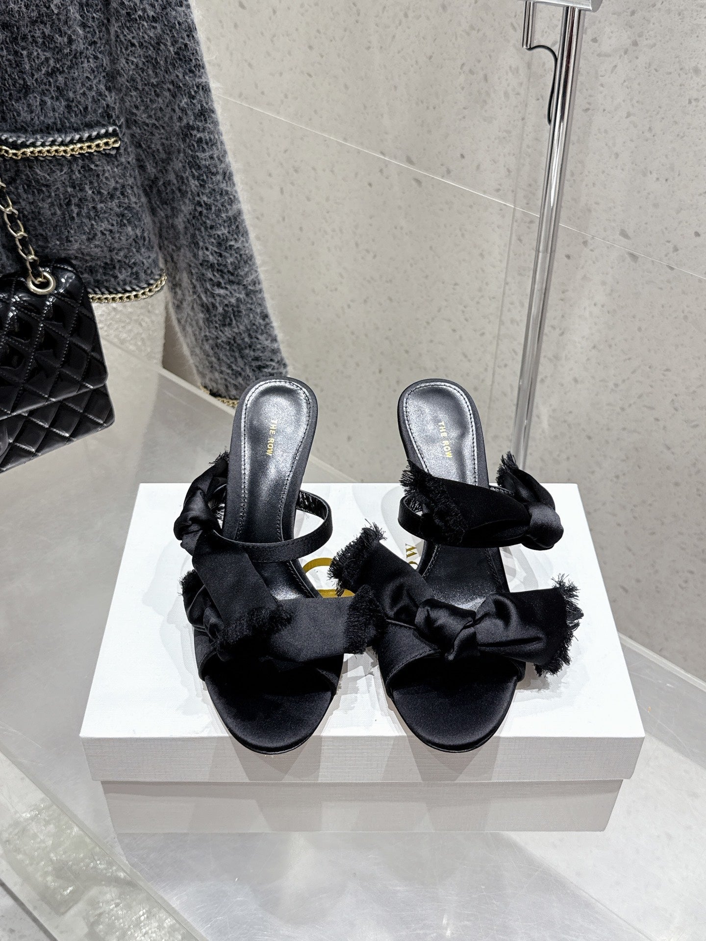 The Row Strap High Heel Mule Sandals 80mm Black Satin And Sheepskin 338378