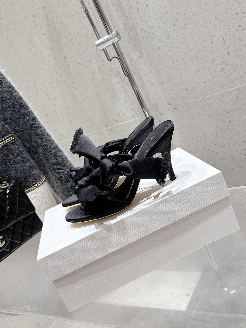 The Row Strap High Heel Mule Sandals 80mm Black Satin And Sheepskin 338378