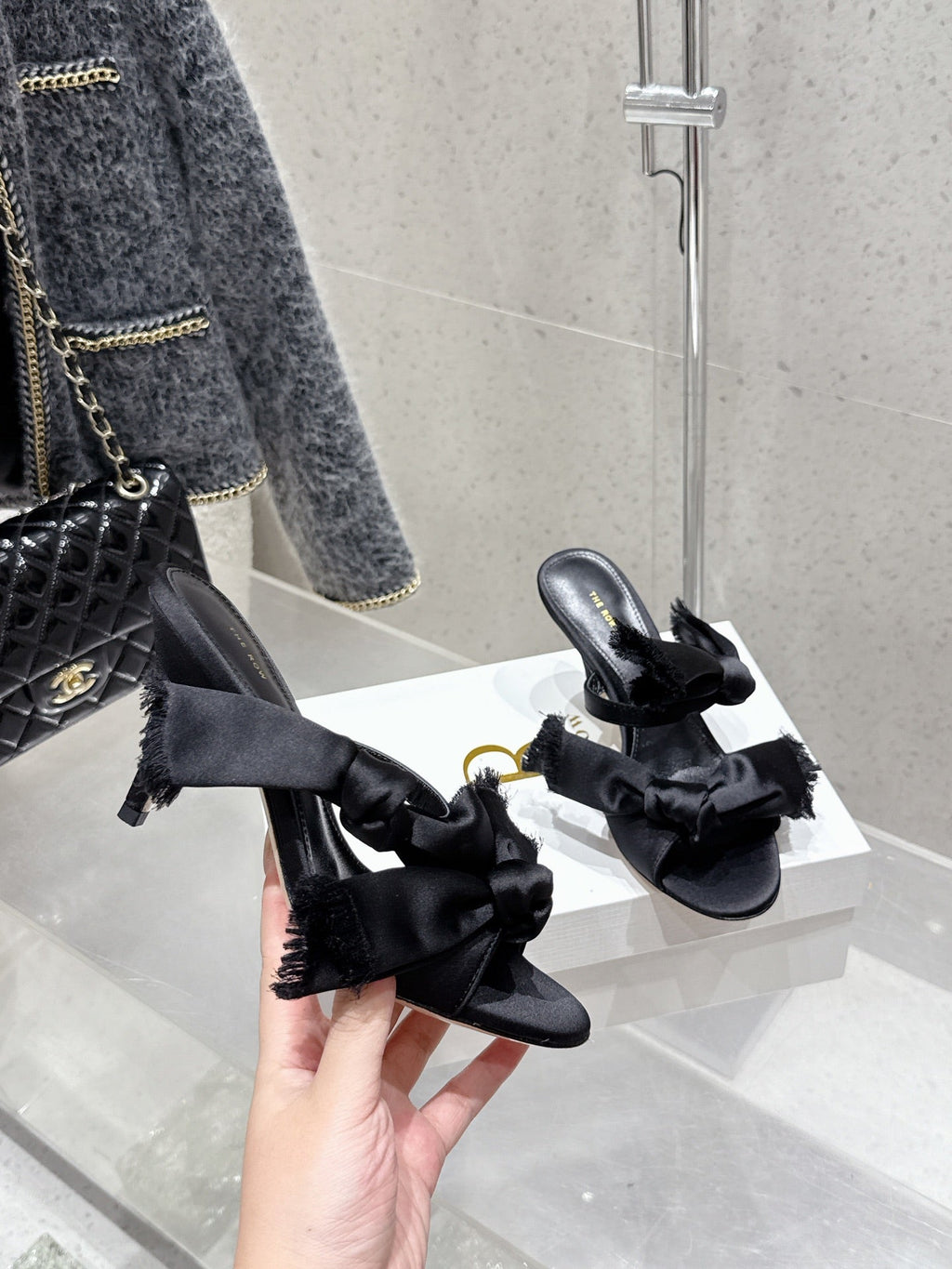 The Row Strap High Heel Mule Sandals 80mm Black Satin And Sheepskin 338378