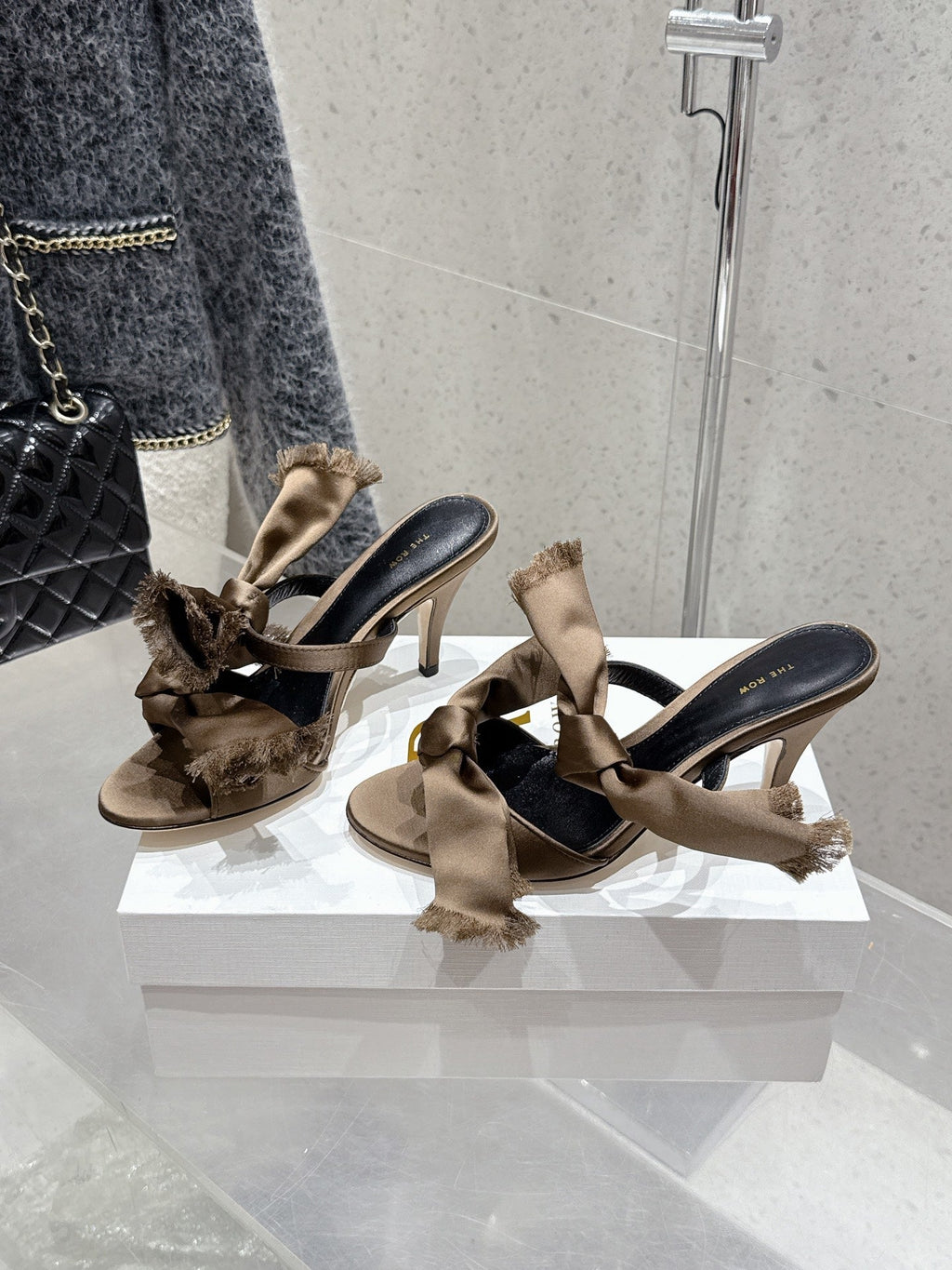 The Row Strap High Heel Mule Sandals 80mm Brown Satin And Black Sheepskin 338379