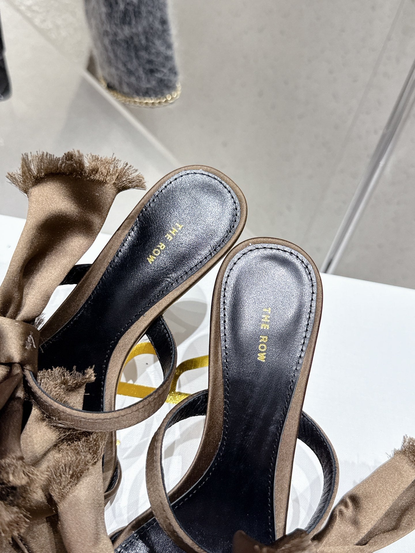 The Row Strap High Heel Mule Sandals 80mm Brown Satin And Black Sheepskin 338379