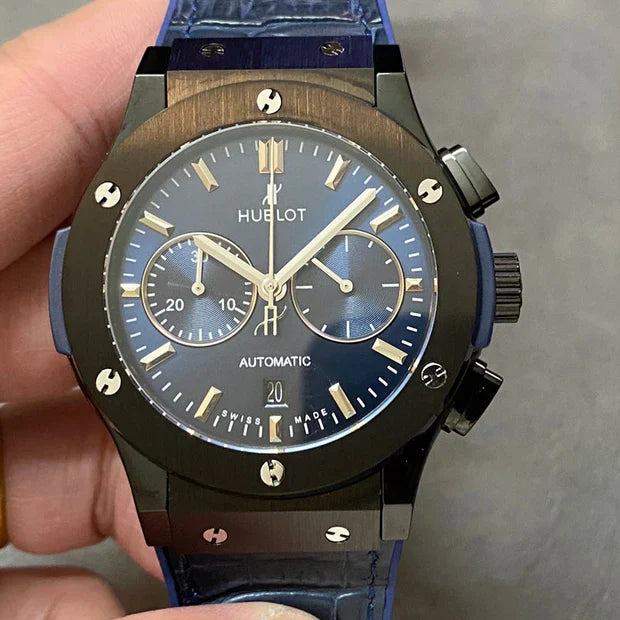 Hublot Classic Fusion Chronograph Watch 45mm Black Ceramic Case Blue Leather Strap