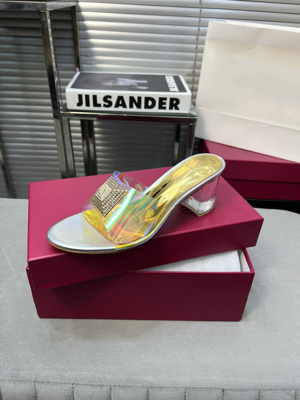 Heeled Sandals 6cm with Crystal Square Buckle Gold and Silver