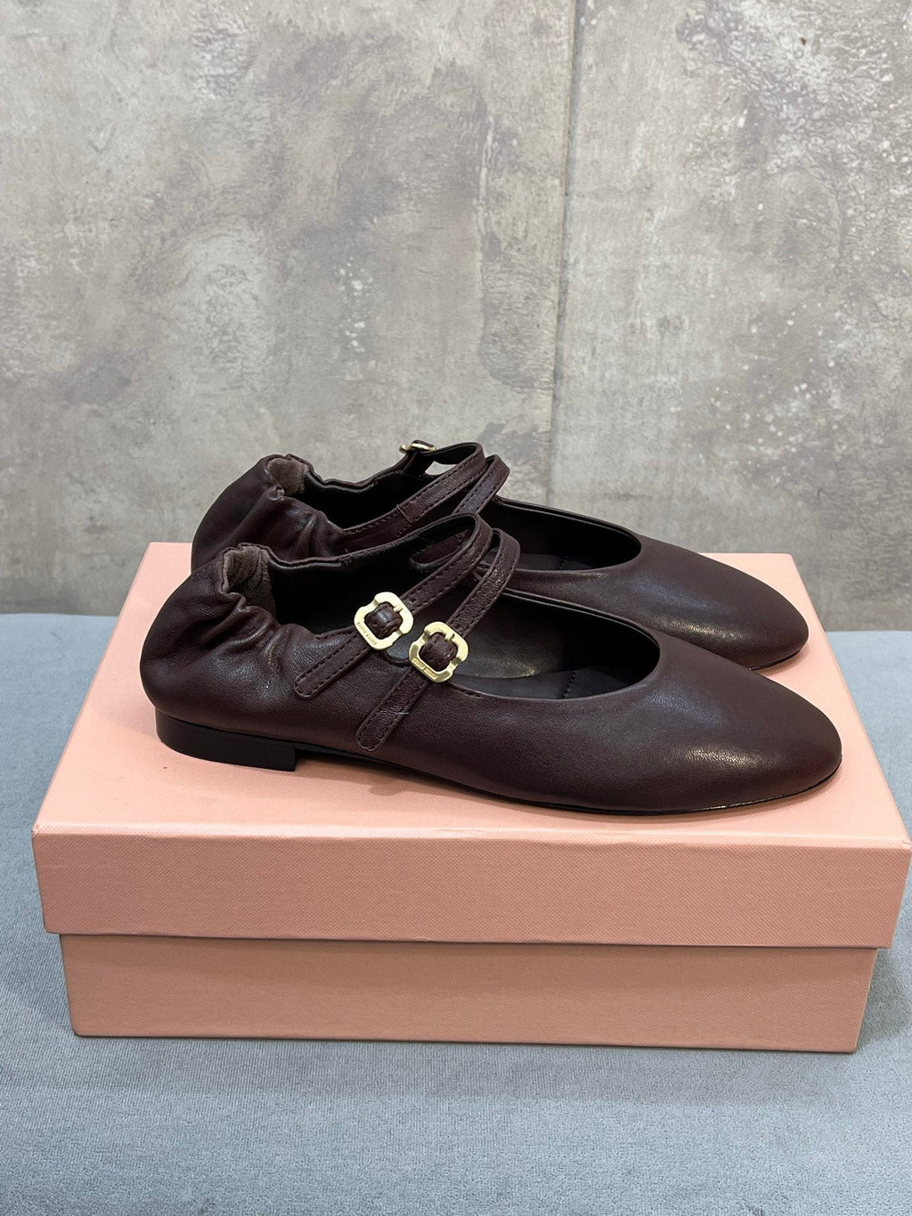 Miu 26s Double Strap Mary Jane Flats In Dark Brown Sheepskin