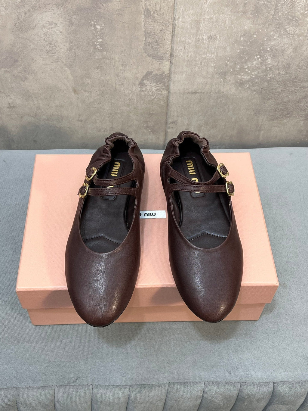 Miu 26s Double Strap Mary Jane Flats In Dark Brown Sheepskin