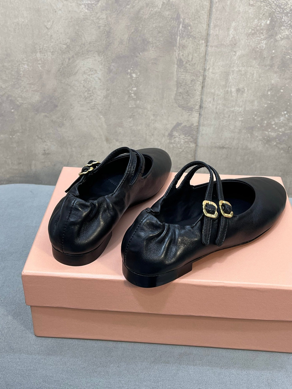 Miu 26s Double Strap Mary Jane Flats In Black Sheepskin