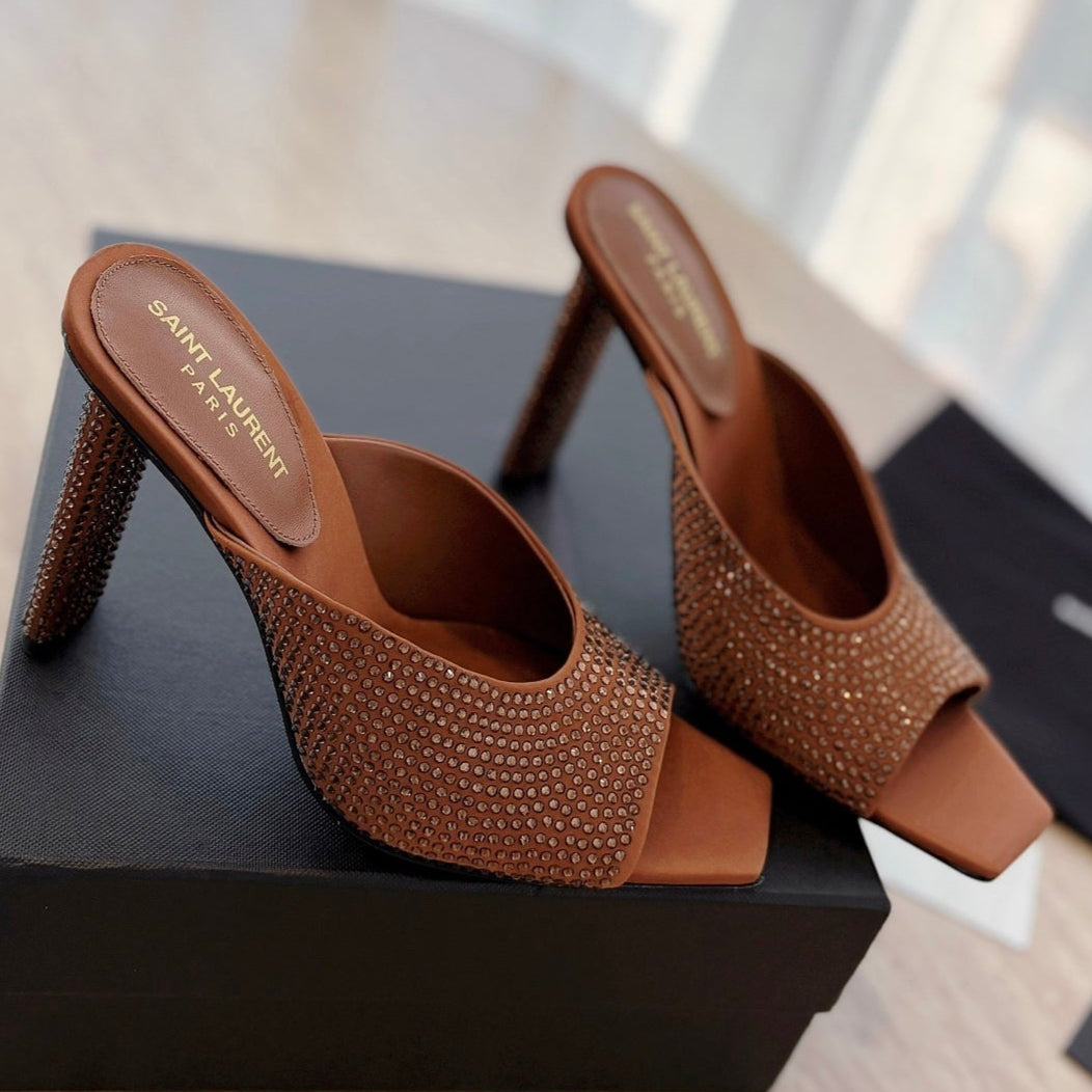 HIGH HEEL BLONDE MULE 10 CM IN BRONZE BROWN SATIN WITH RHINESTONES