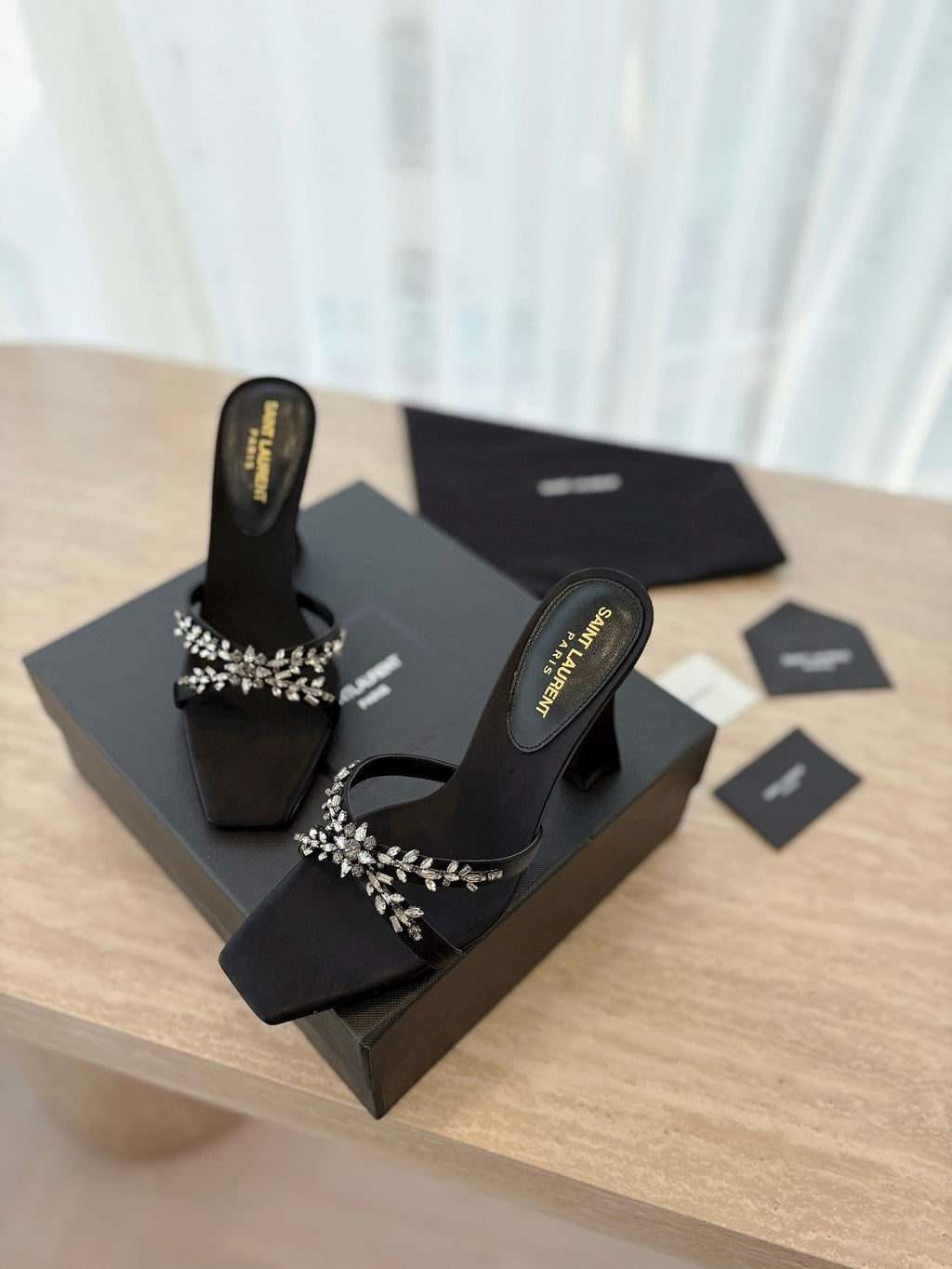 RAV HIGH HEEL 10 CM EMBELLISHED BLACK SATIN MULES