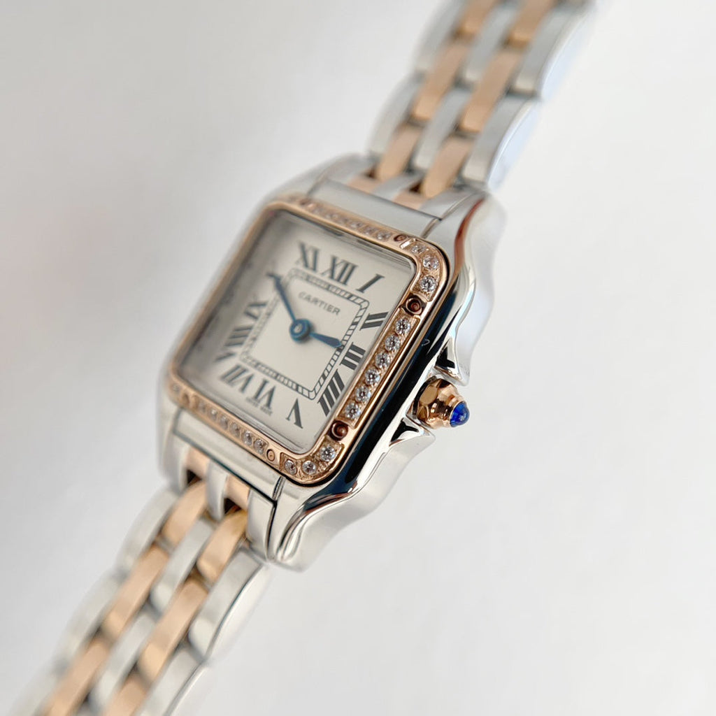 Panthere 22mm Pink Gold Silver Diamond Bezel Double Chain 44cm