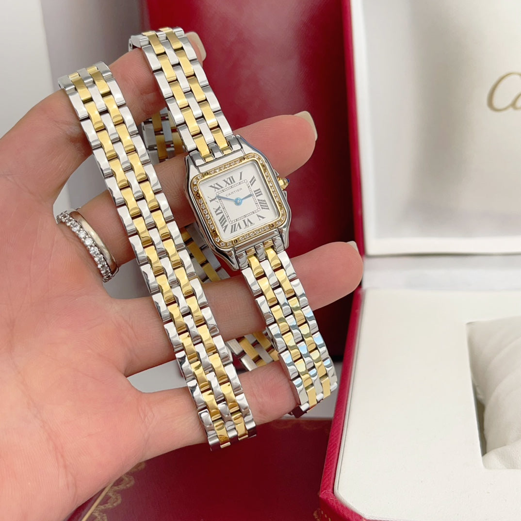 Panthere 22mm Gold Silver Diamond Bezel Double Chain 44cm