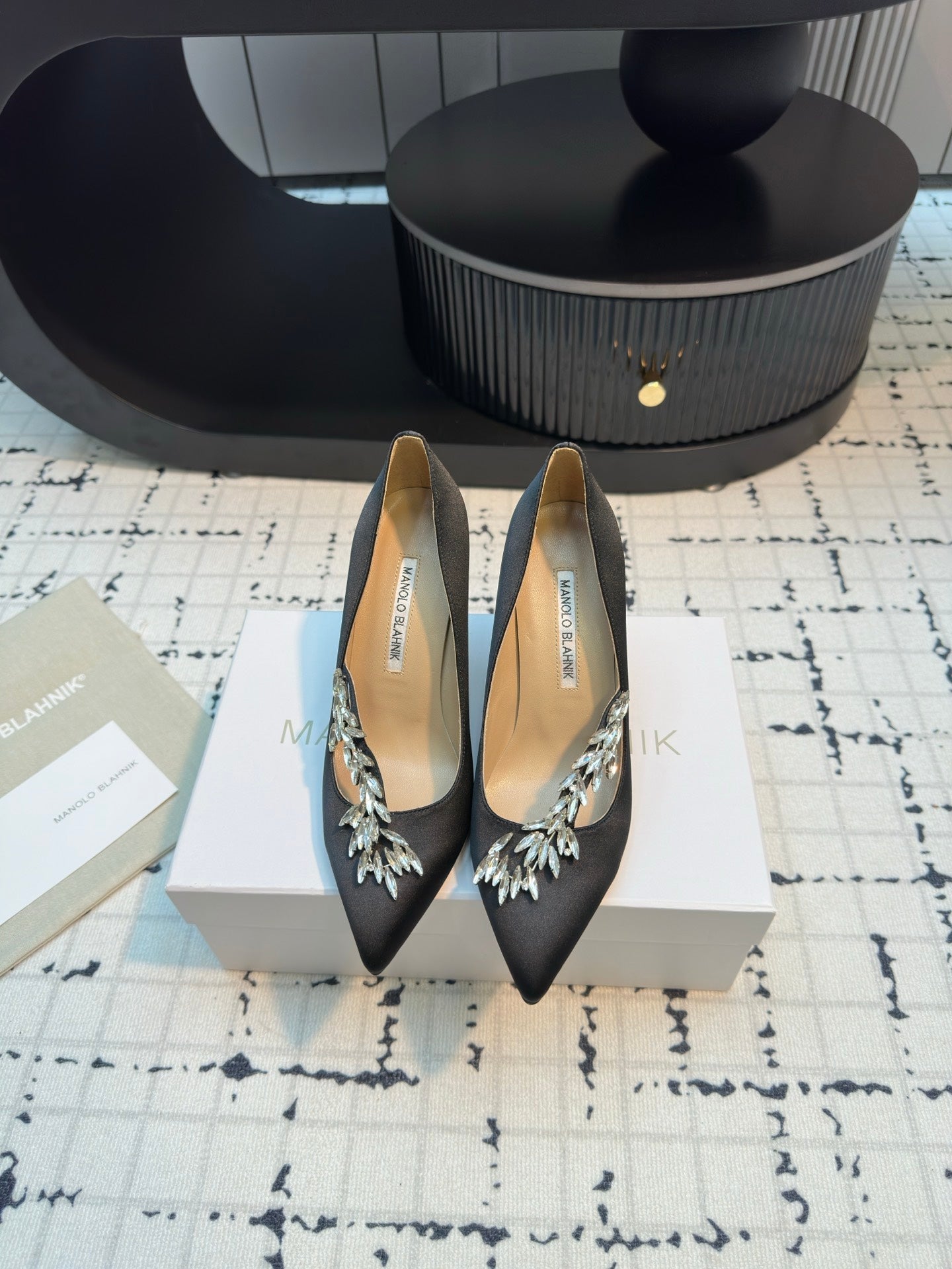 Lurum 90 Black Satin Crystal Embellished Pumps 868667