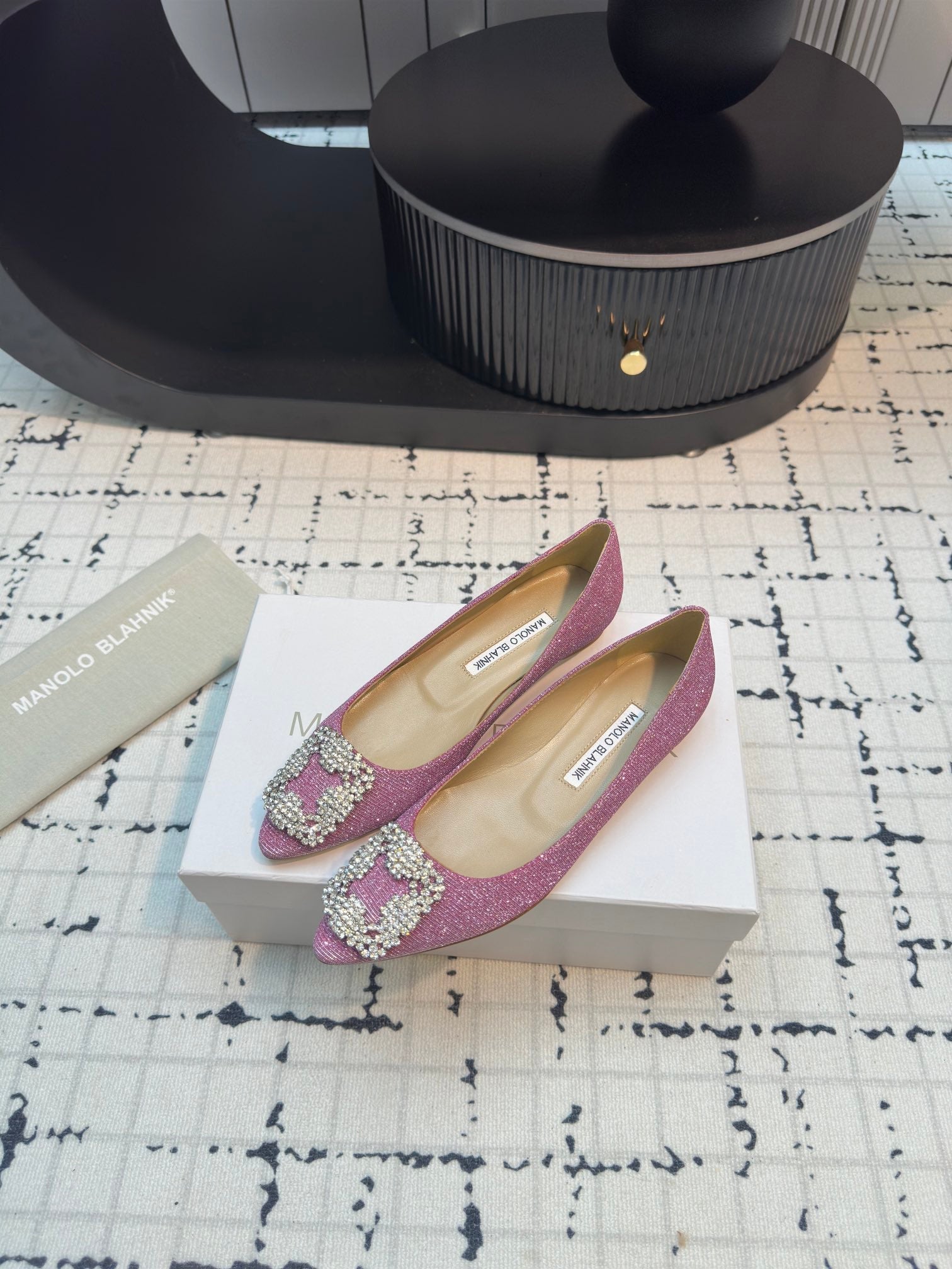 Hangisi 20 Ballet Flat Pink Glitter Fabric Leather Jewel Buckle 912609