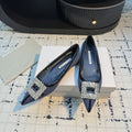 Hangisi 10mm Ballet Flat Dark Blue Linen with Black Leather Jewel Buckle 161059