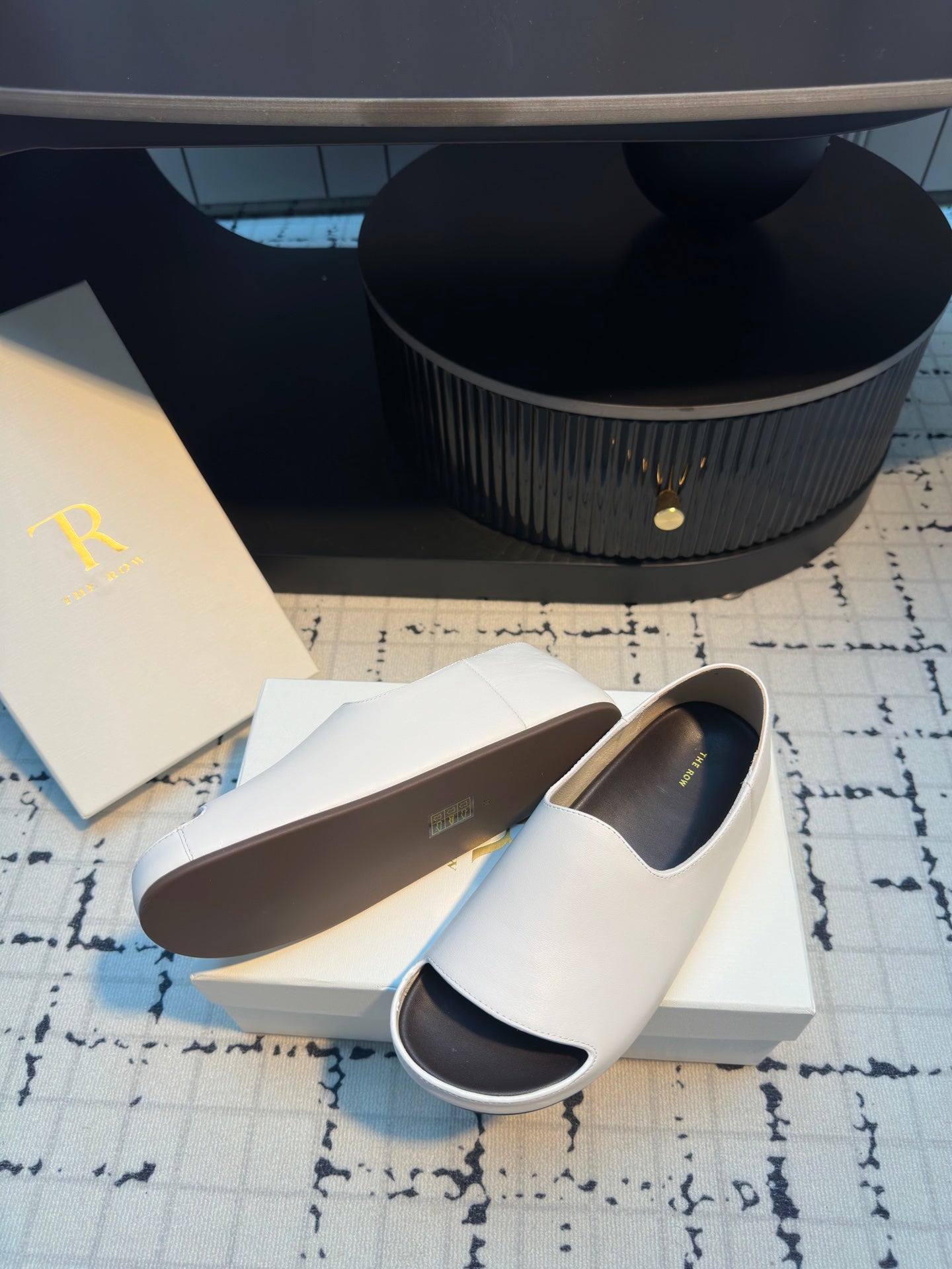 The Row Slide Mules White Black Sheepskin 334355