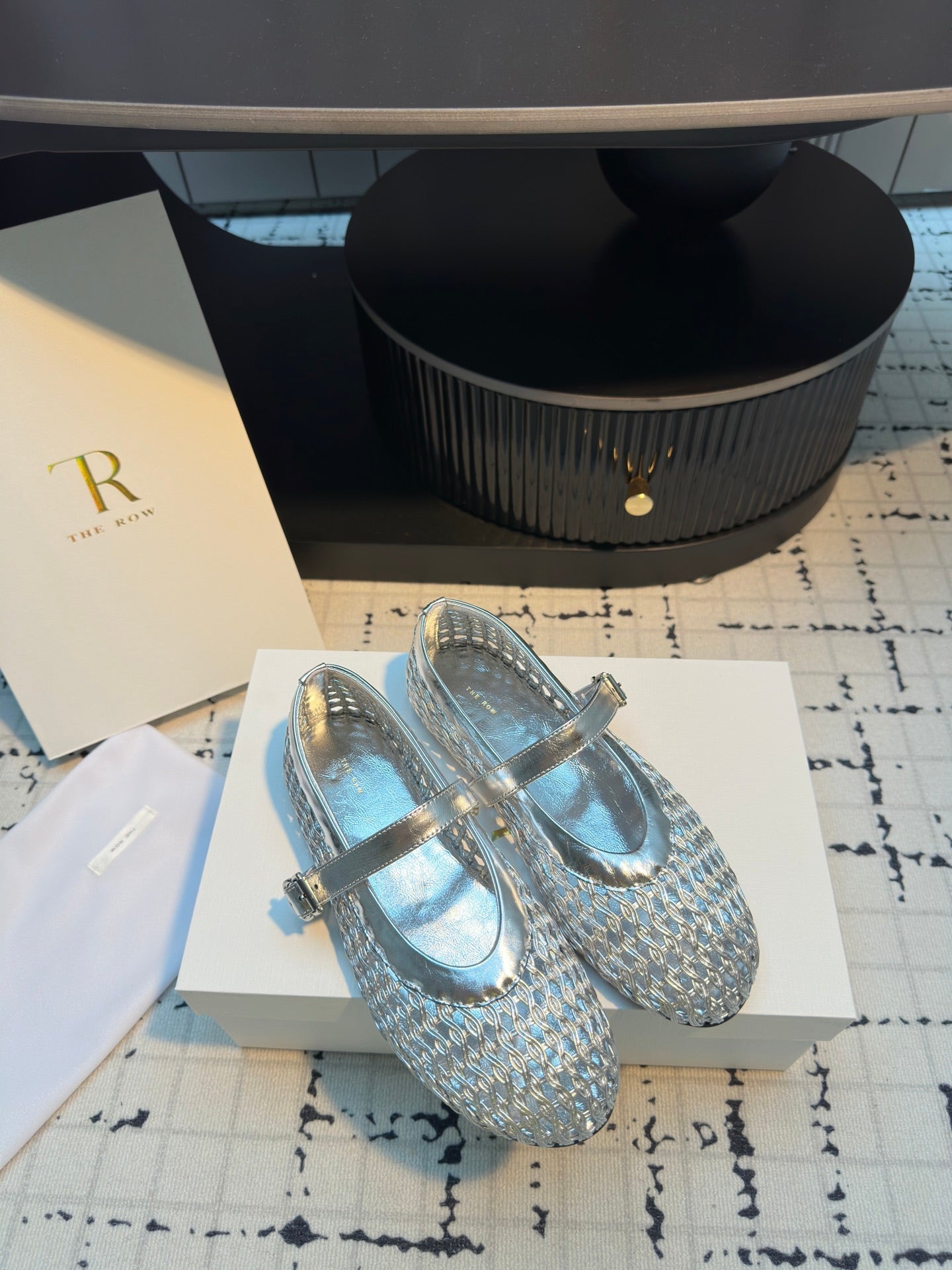 The Row Mary Jane Flat Silver Metallic Mesh Cowhide 334497