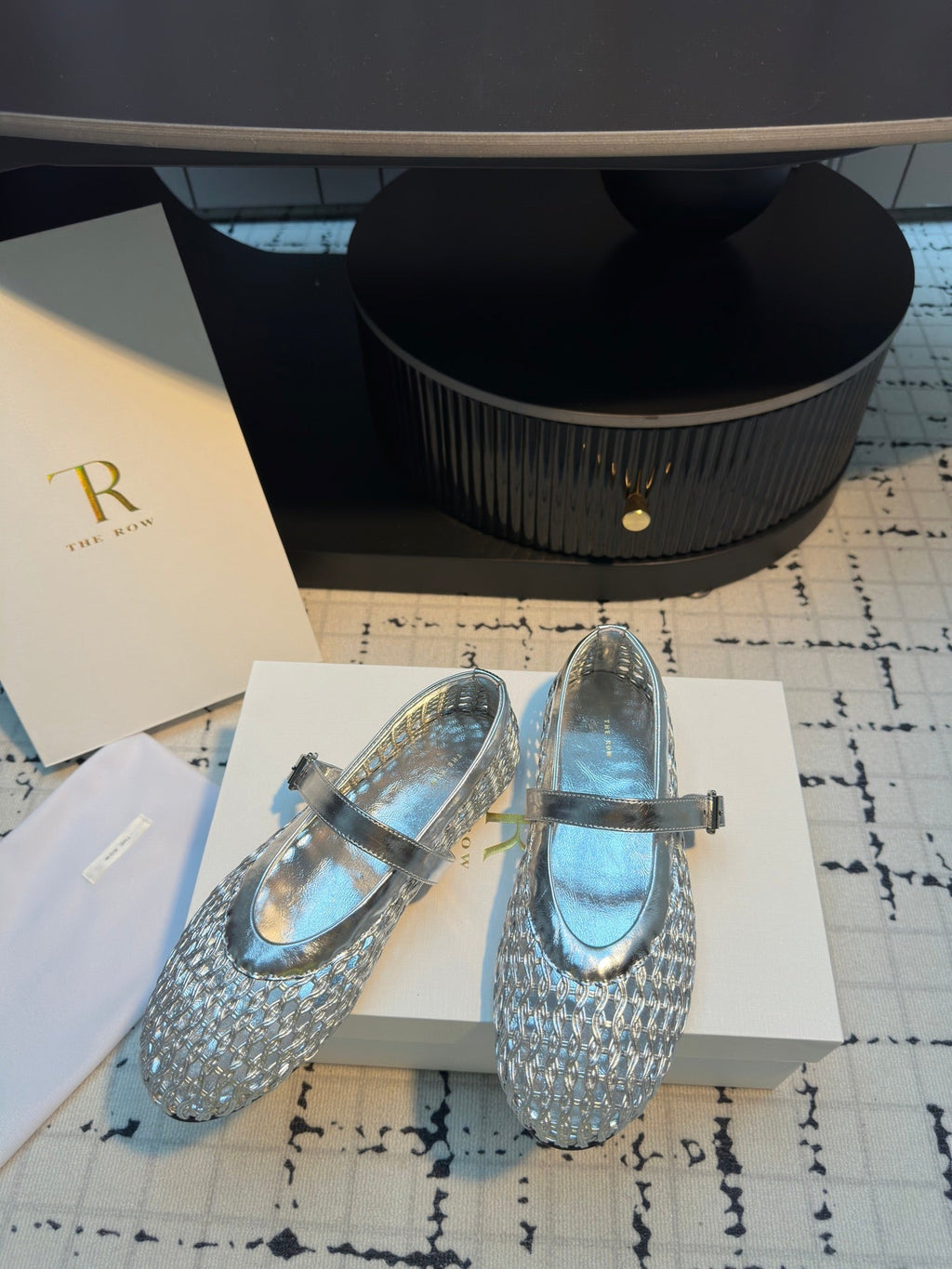 The Row Mary Jane Flat Silver Metallic Mesh Cowhide 334497