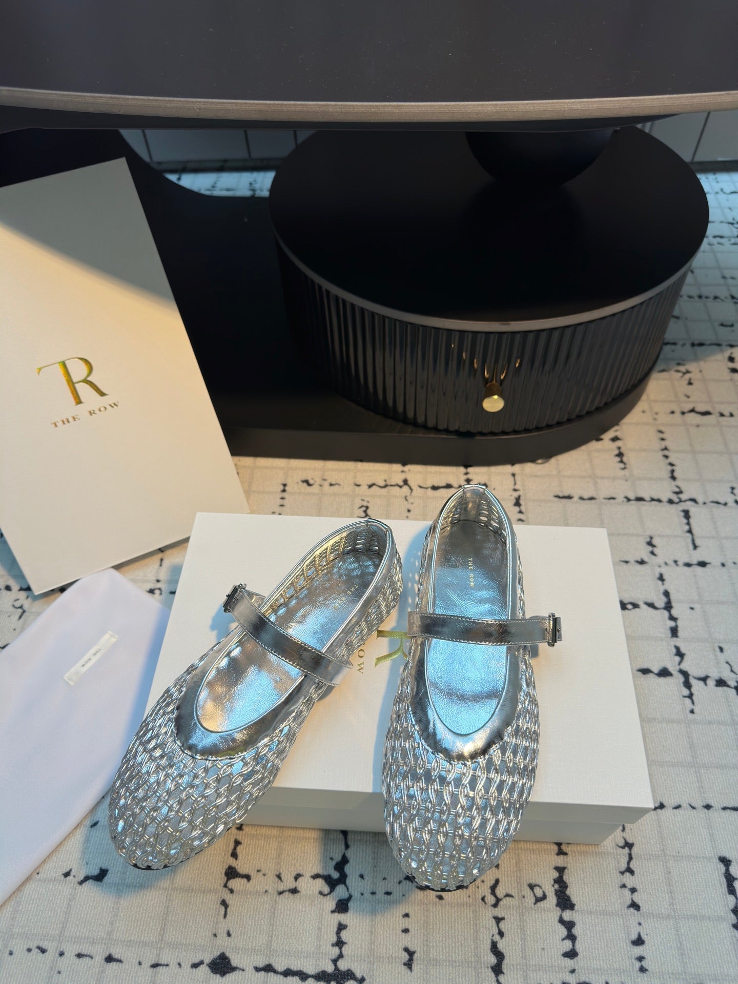 The Row Mary Jane Flat Silver Metallic Mesh Cowhide 334497