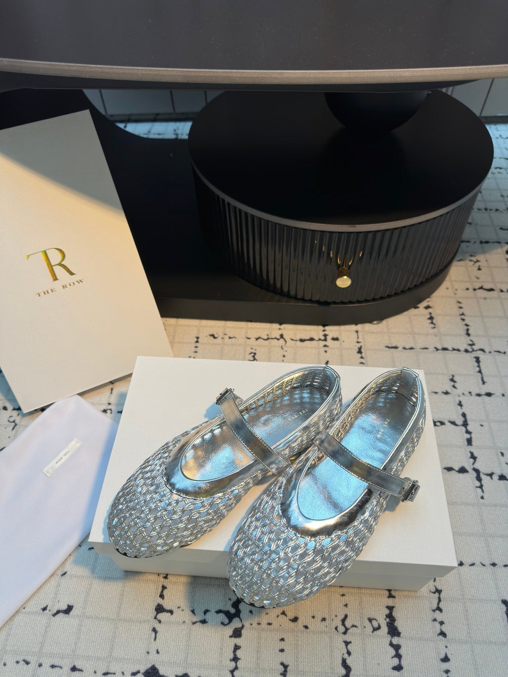 The Row Mary Jane Flat Silver Metallic Mesh Cowhide 334497