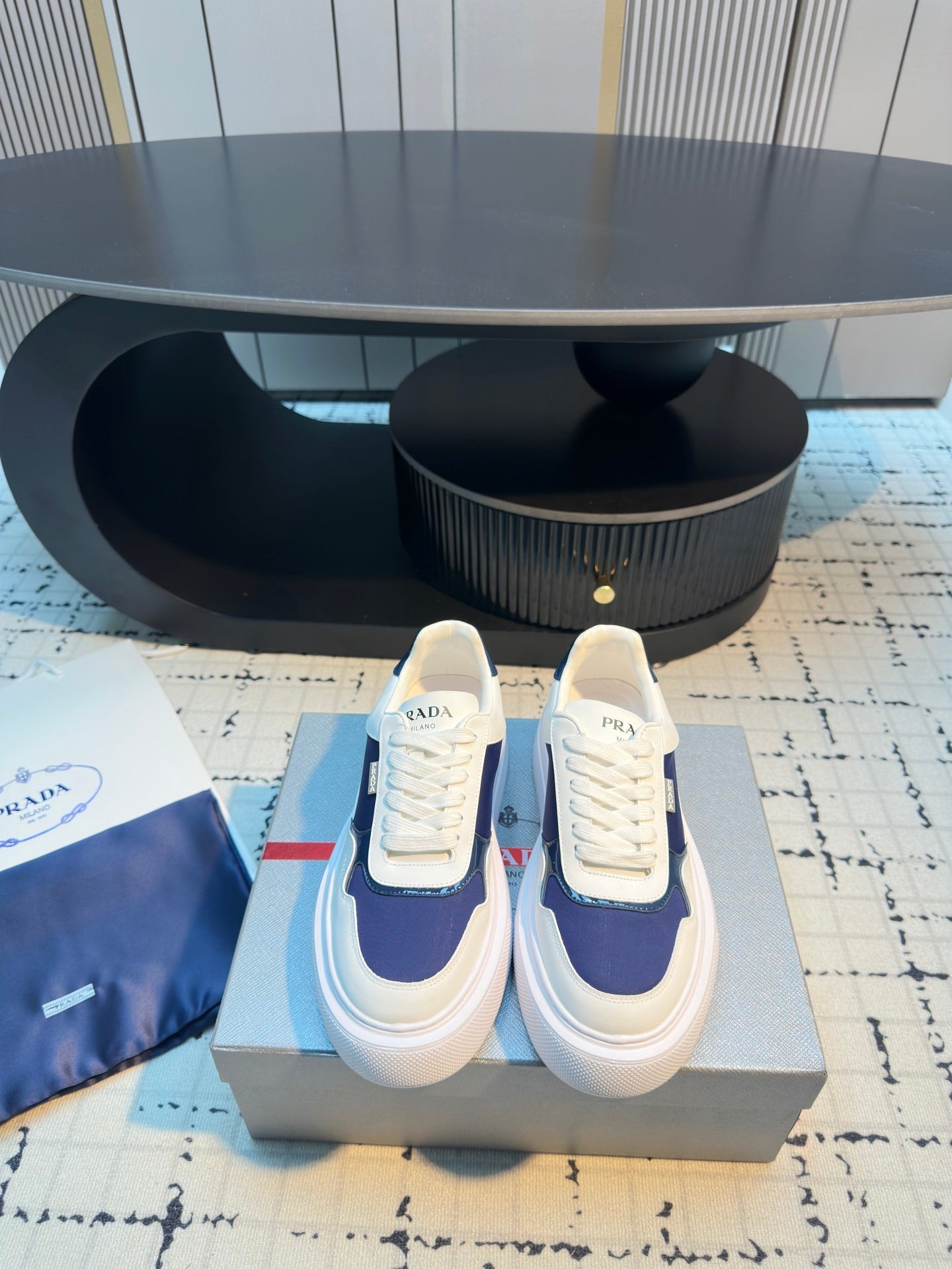 Prada 25s Platform Sneakers White Blue Cowhide 538420