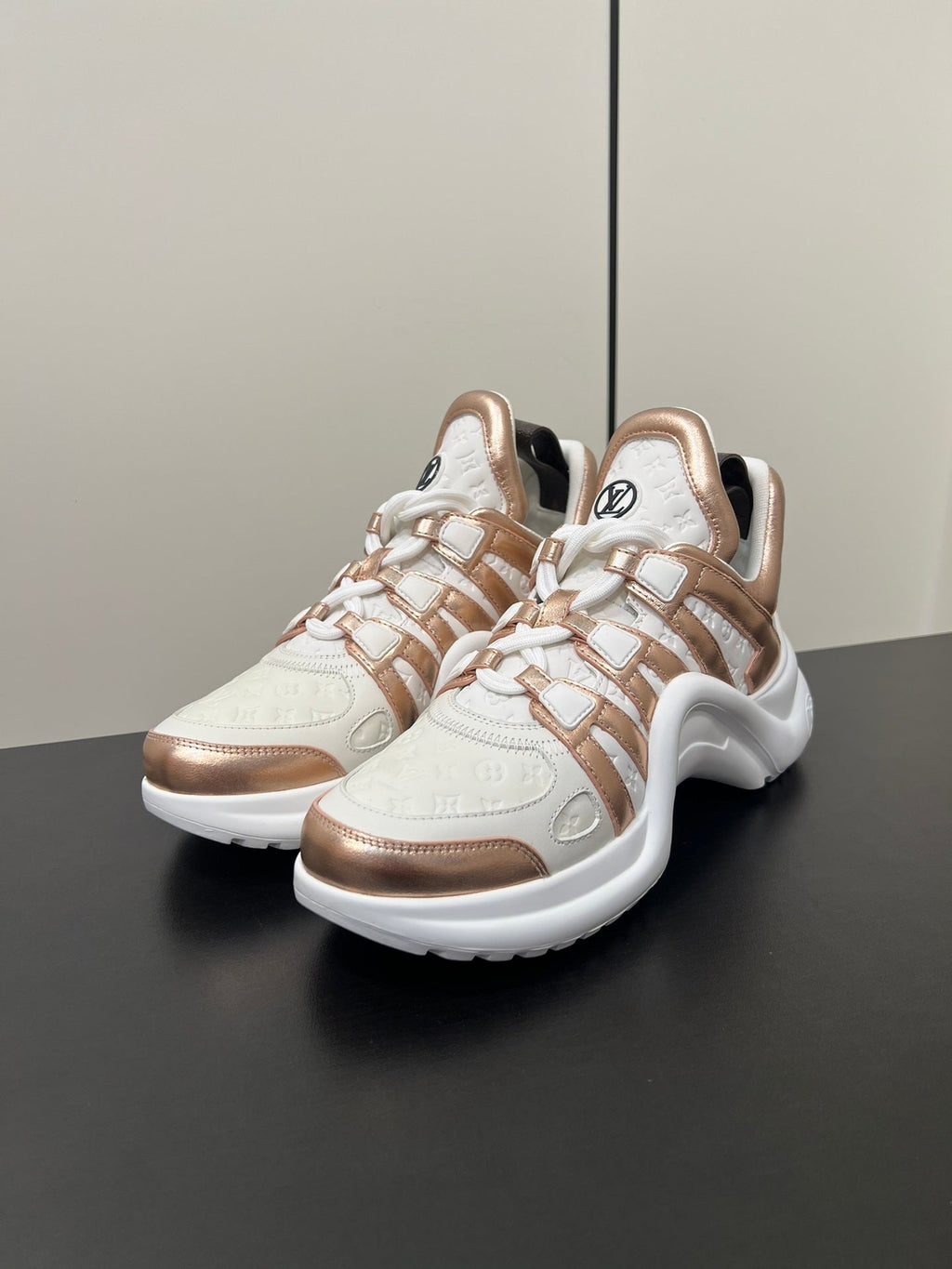 LV Archlight Sneaker 50mm White Mix Metallic Bronze Monogram Cowhide