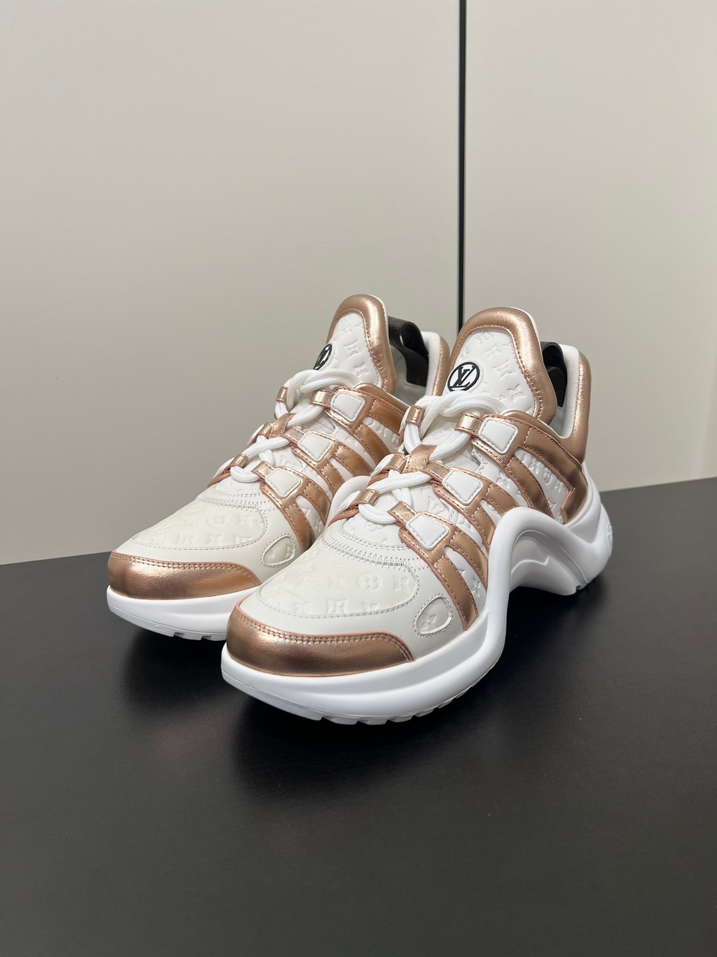 LV Archlight Sneaker 50mm White Mix Metallic Bronze Monogram Cowhide