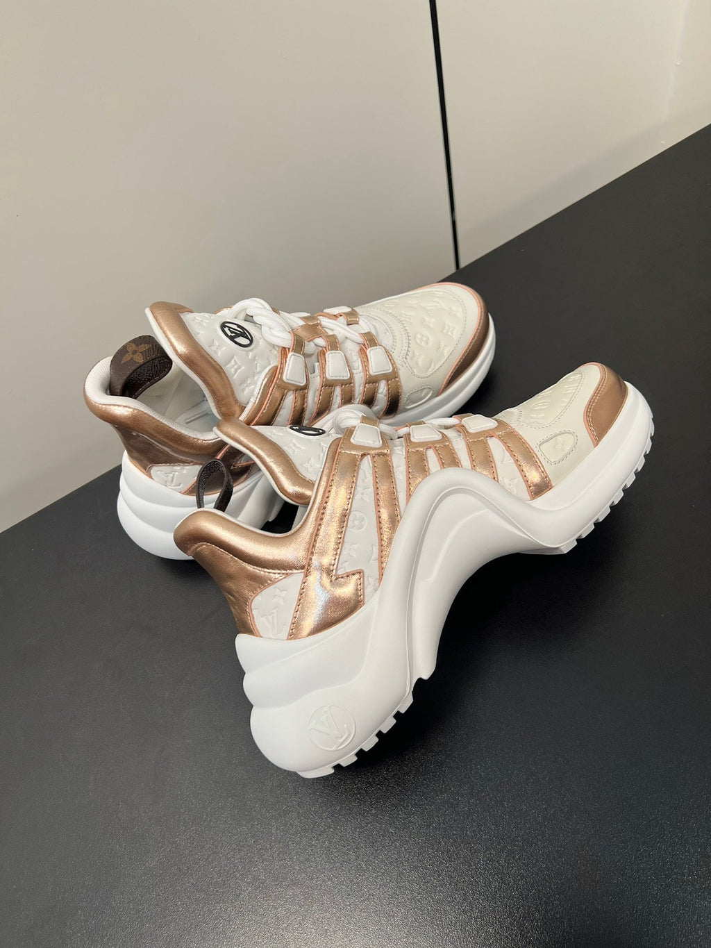LV Archlight Sneaker 50mm White Mix Metallic Bronze Monogram Cowhide