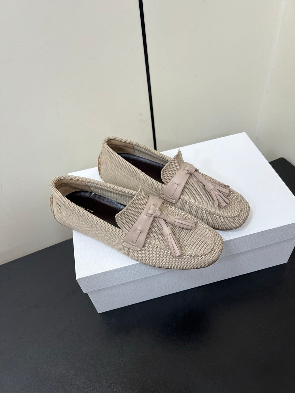 The Row Tassel-Knit Loafer Beige Canvas And Sheepskin 339995