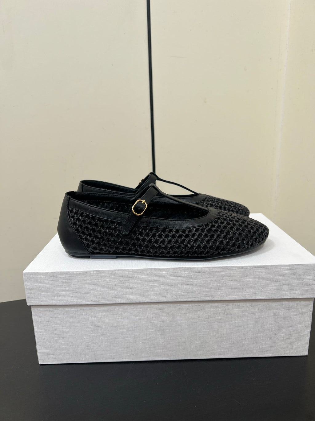 The Row 25ss Square T-Strap Flat Black Mesh Cowhide 340041