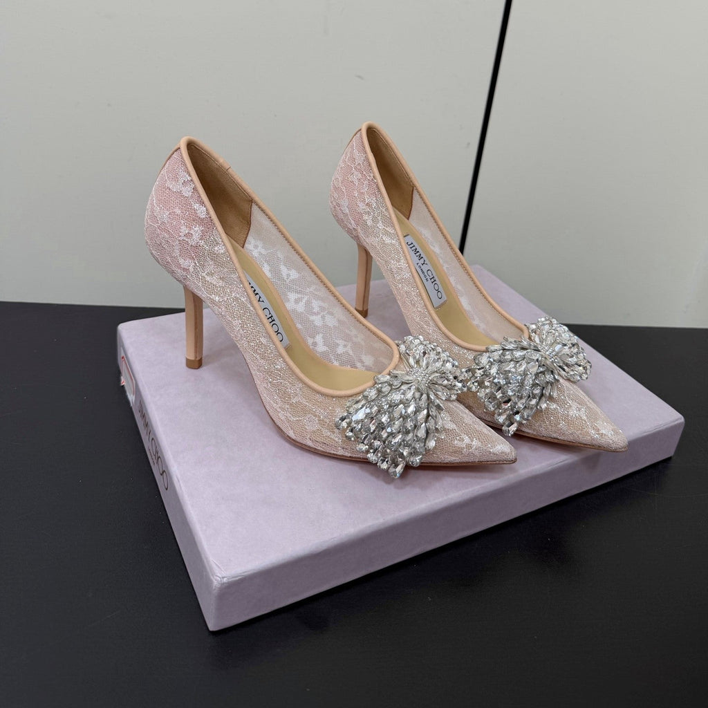 JC Pointed Toe Shoes 8.5cm Rhinestone Bow Single Pink Mesh 618816