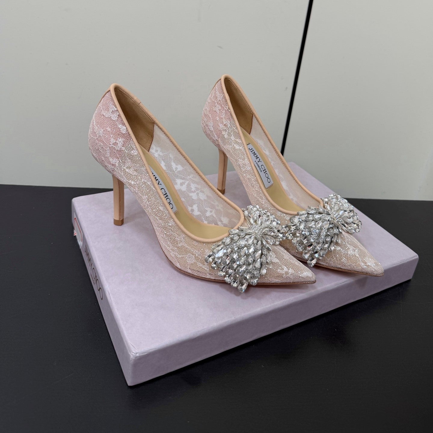 JC Pointed Toe Shoes 8.5cm Rhinestone Bow Single Pink Mesh 618816