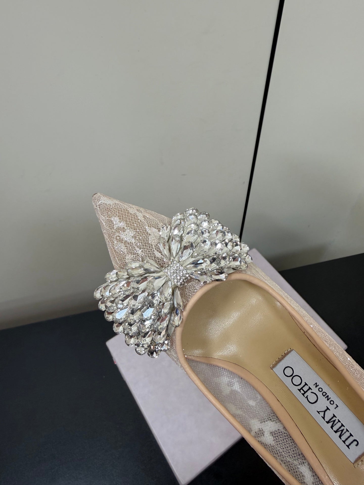 JC Pointed Toe Shoes 8.5cm Rhinestone Bow Single Pink Mesh 618816