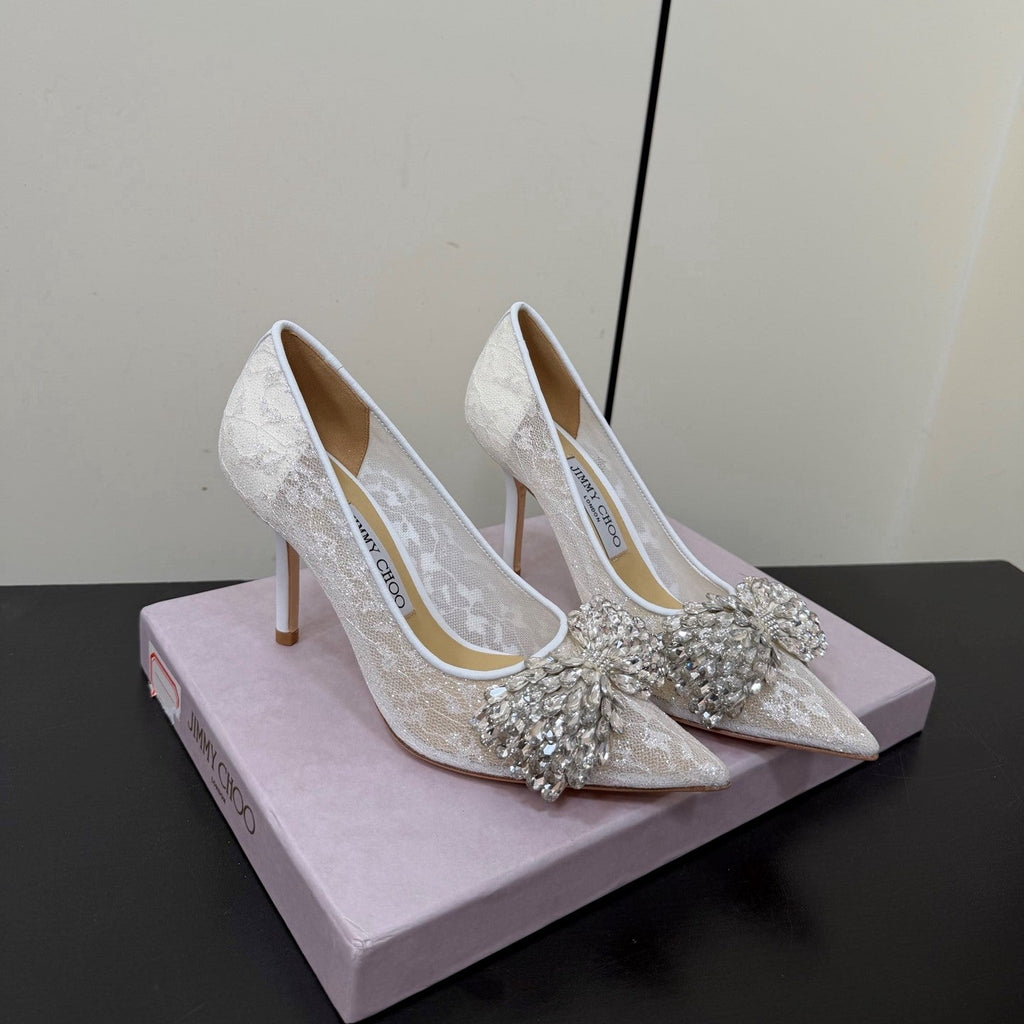 JC Pointed Toe Shoes 8.5cm Rhinestone Bow Single White Mesh 618817