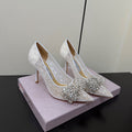JC Pointed Toe Shoes 8.5cm Rhinestone Bow Single White Mesh 618817