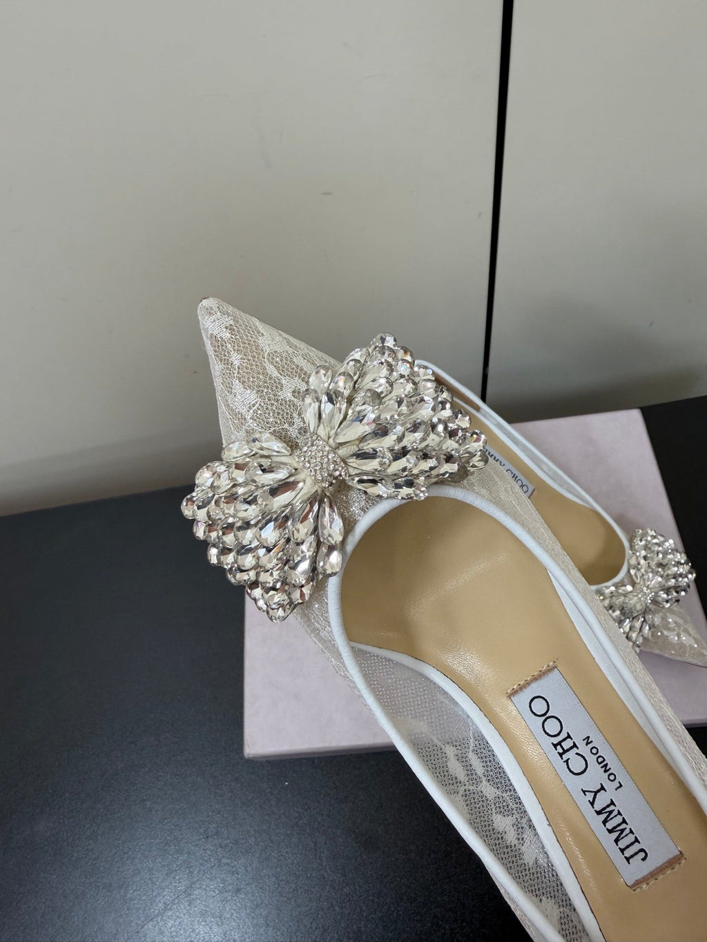 JC Pointed Toe Shoes 6.5cm Rhinestone Bow Single White Mesh 618819
