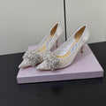 JC Pointed Toe Shoes 6.5cm Rhinestone Bow Single White Mesh 618819