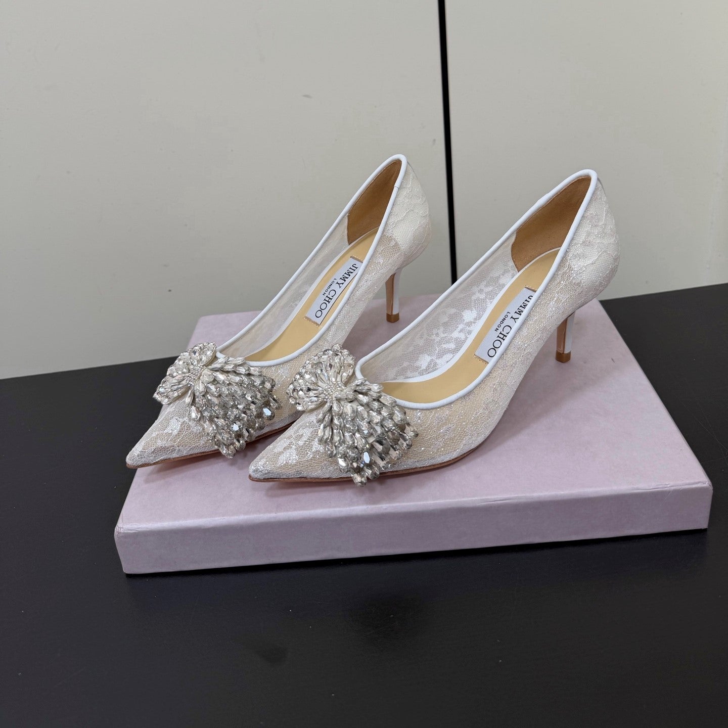 JC Pointed Toe Shoes 6.5cm Rhinestone Bow Single White Mesh 618819