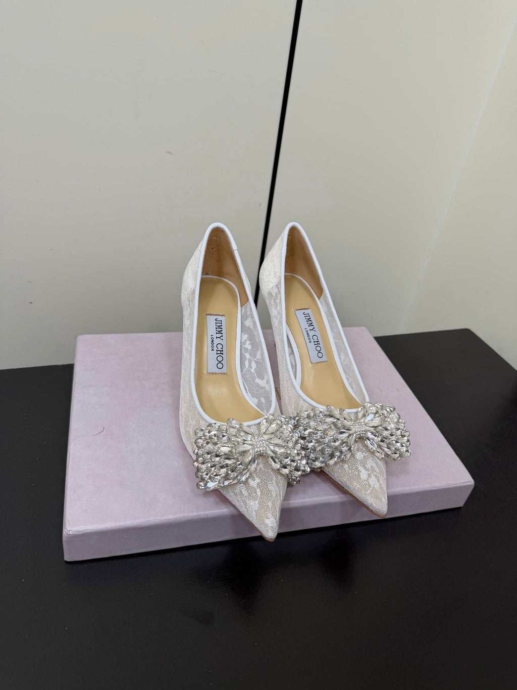 JC Pointed Toe Shoes 6.5cm Rhinestone Bow Single White Mesh 618819