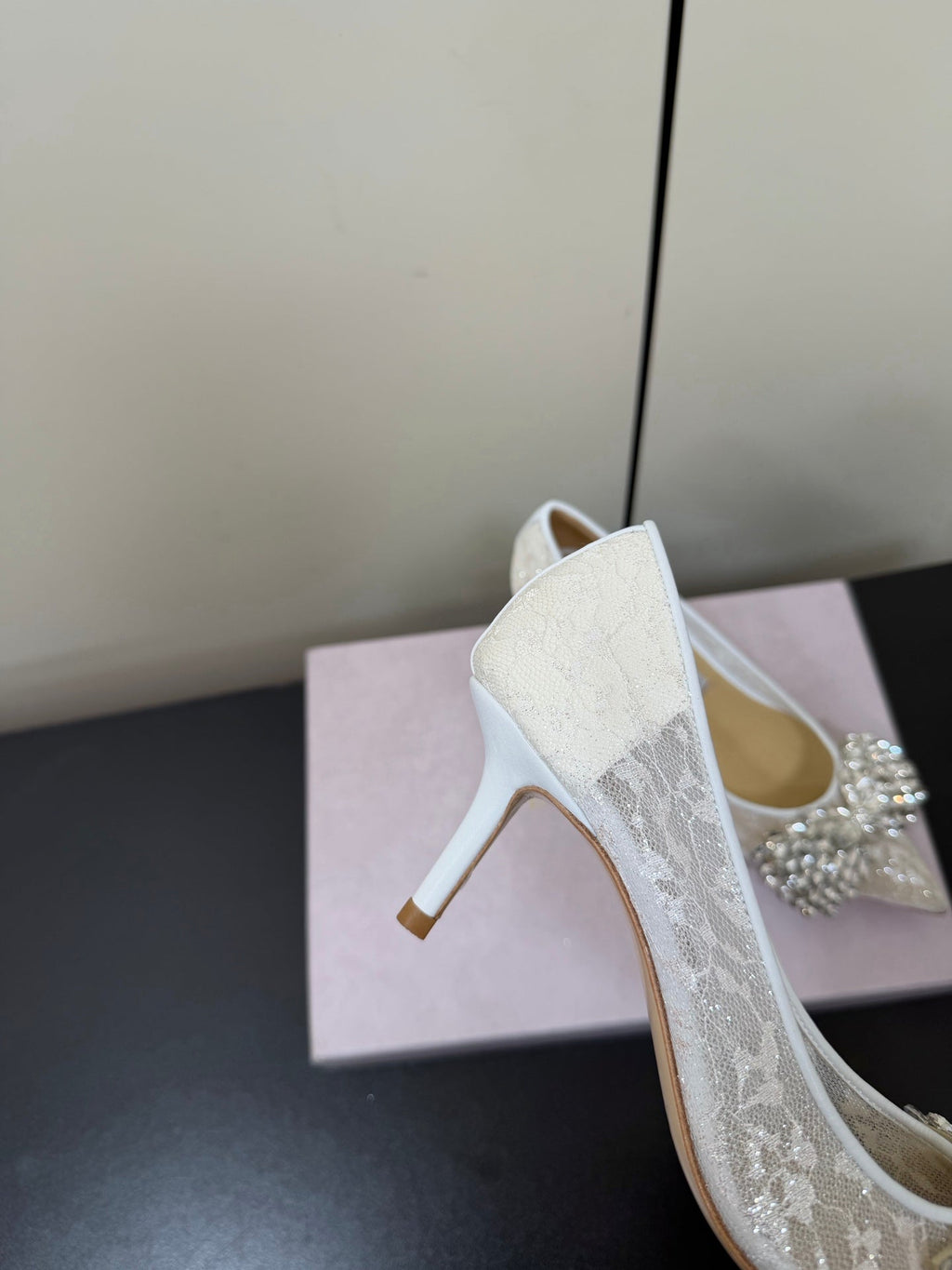 JC Pointed Toe Shoes 6.5cm Rhinestone Bow Single White Mesh 618819