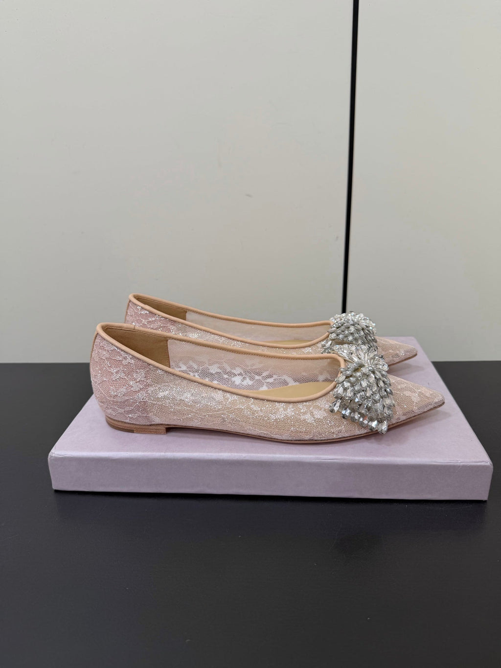 JC Pointed Toe Shoes Rhinestone Bow Single Pink Mesh 618820