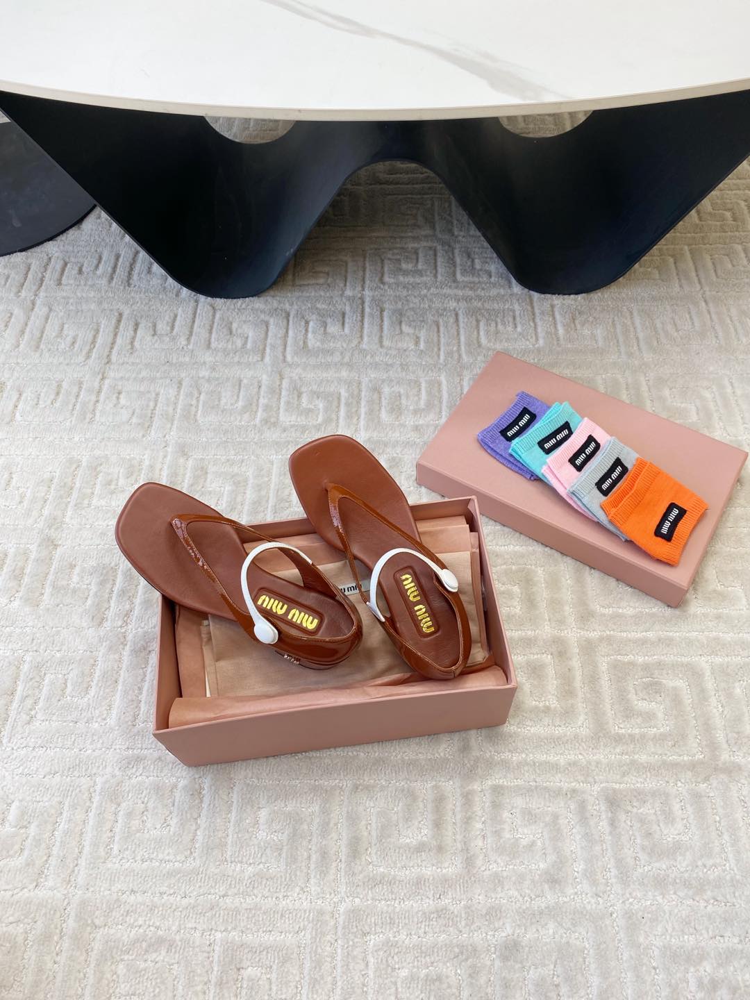 Miu High Heel Thong Sandals In Smoky Umber Glossy Sheepskin