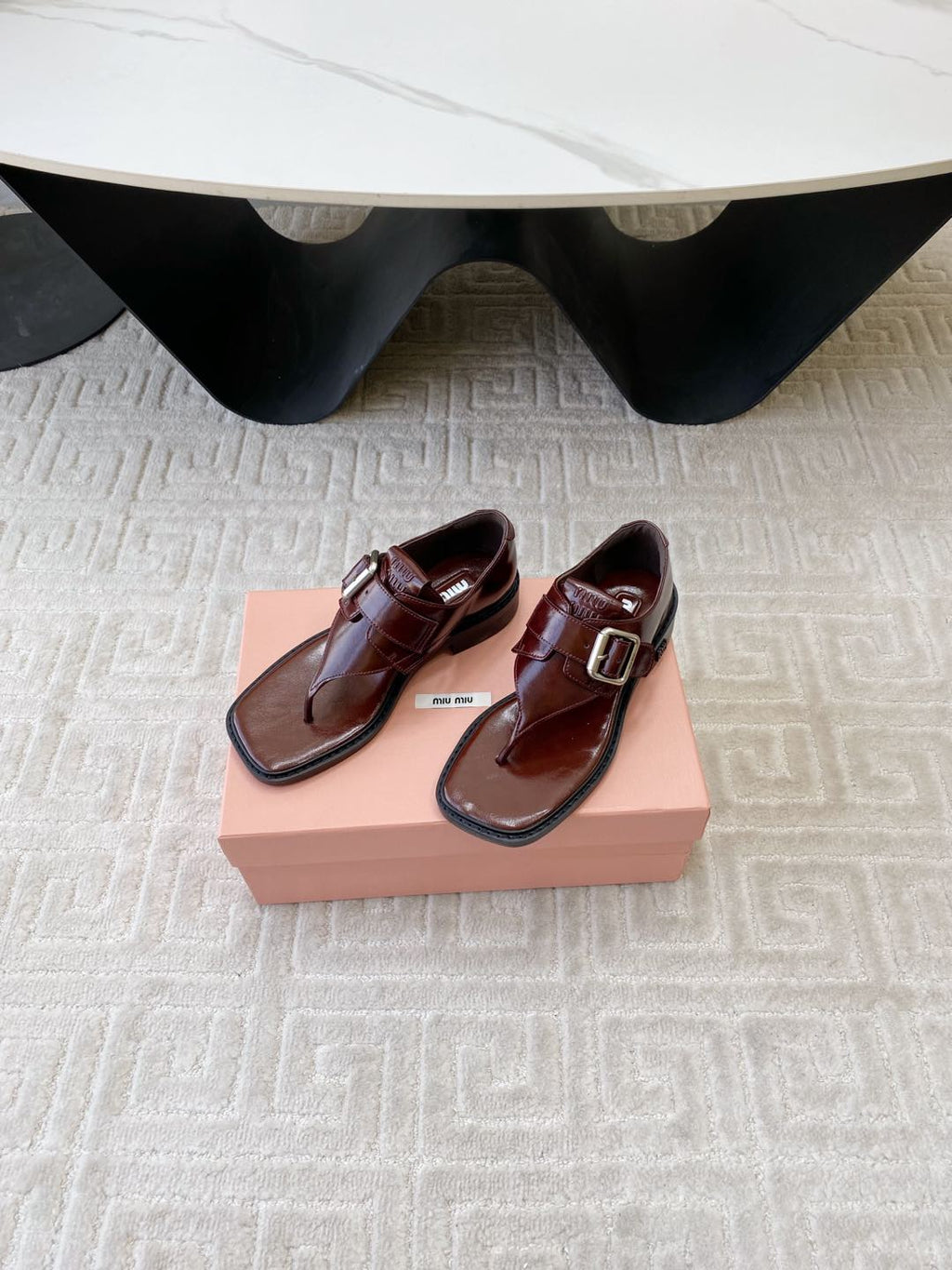 Miu Thong Sandals In Sienna Brown Shiny Lambskin With Silver Buckle