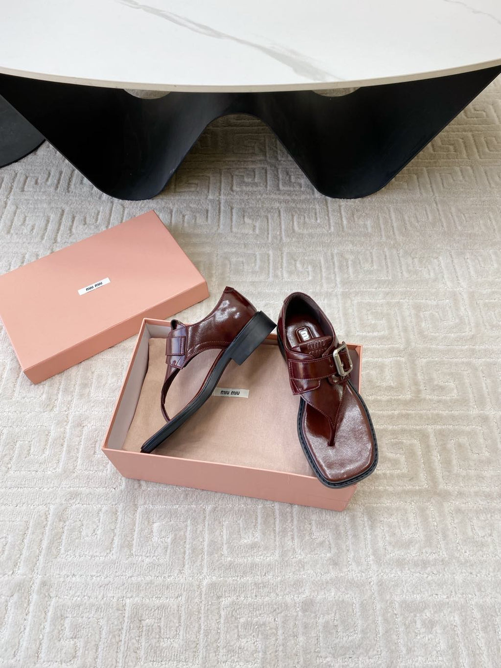 Miu Thong Sandals In Sienna Brown Shiny Lambskin With Silver Buckle