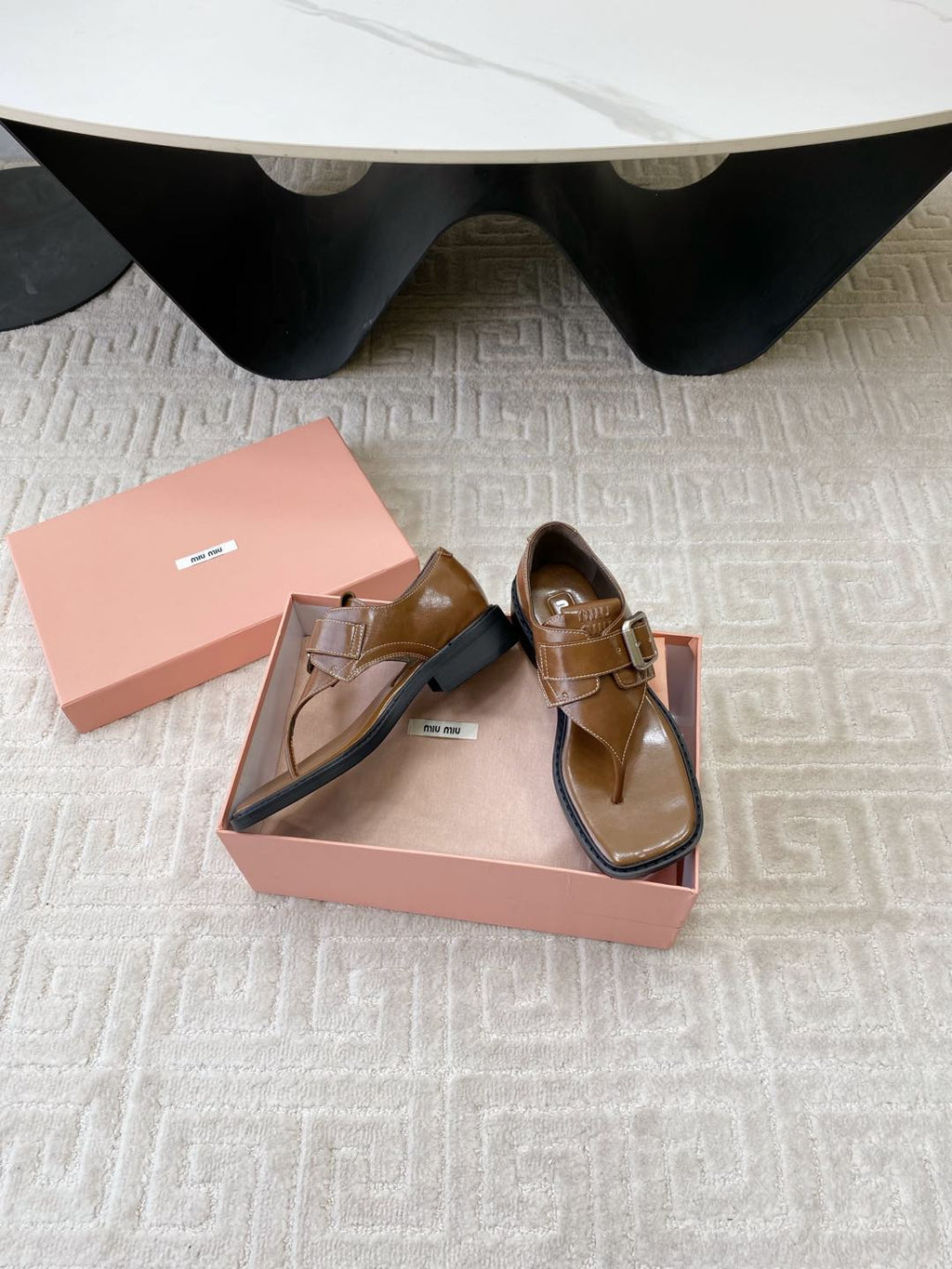 Miu Thong Sandals In Russet Brown Shiny Lambskin With Silver Buckle