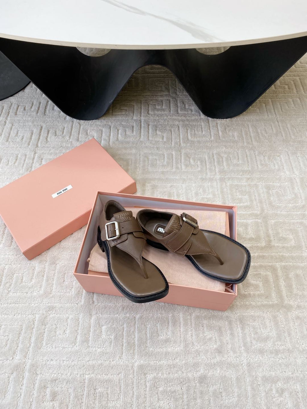 Miu Thong Sandals In Coffee Brown Lambskin With Silver Buckle
