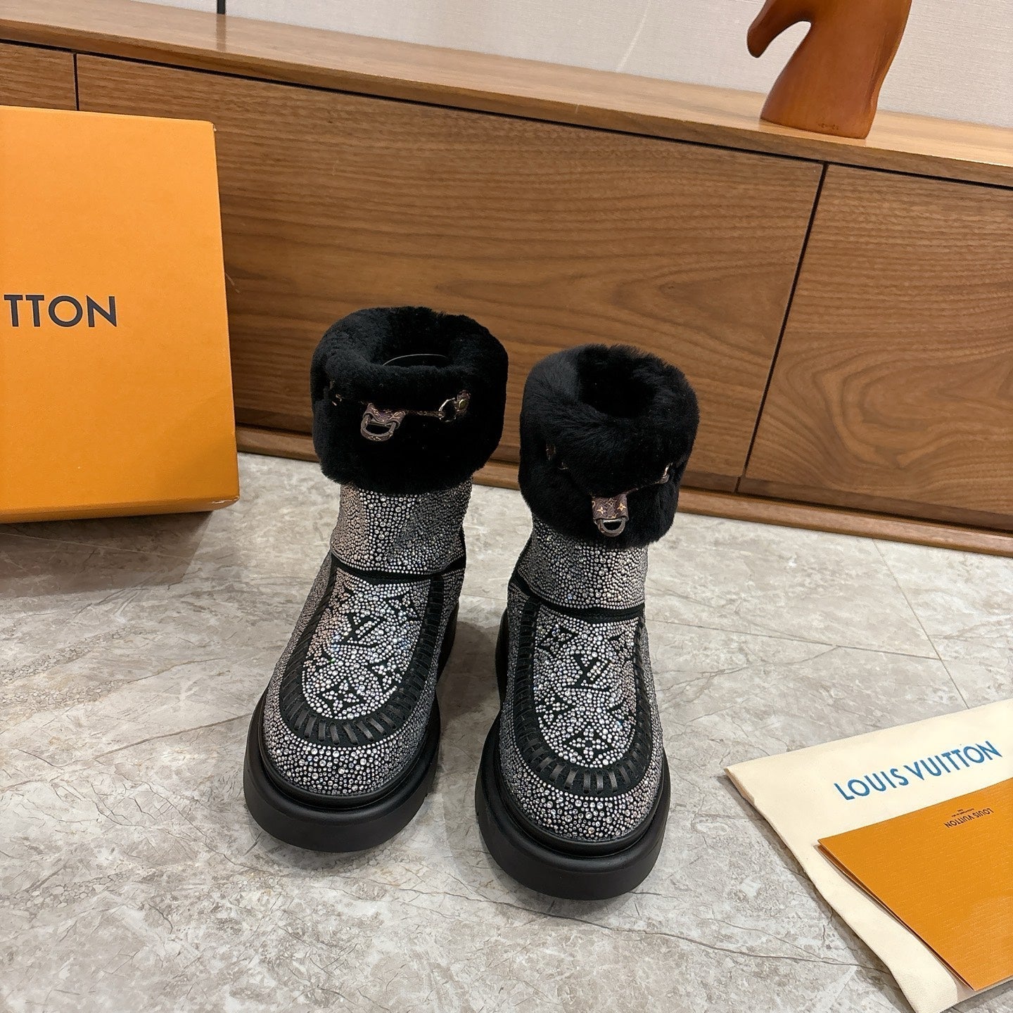 LV 2026 Cortina Ankle Boot Black Silver Sequin Wool 594928