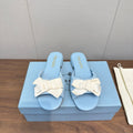 Prada Bow Slide Sandals White Blue Sheepskin 836555