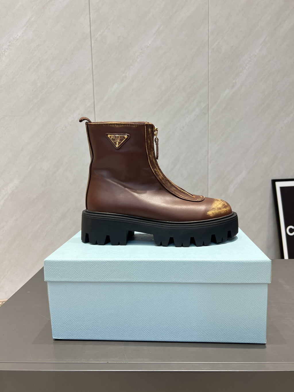 Prada 25 Martin Boots Brown Black Cowhide 501672