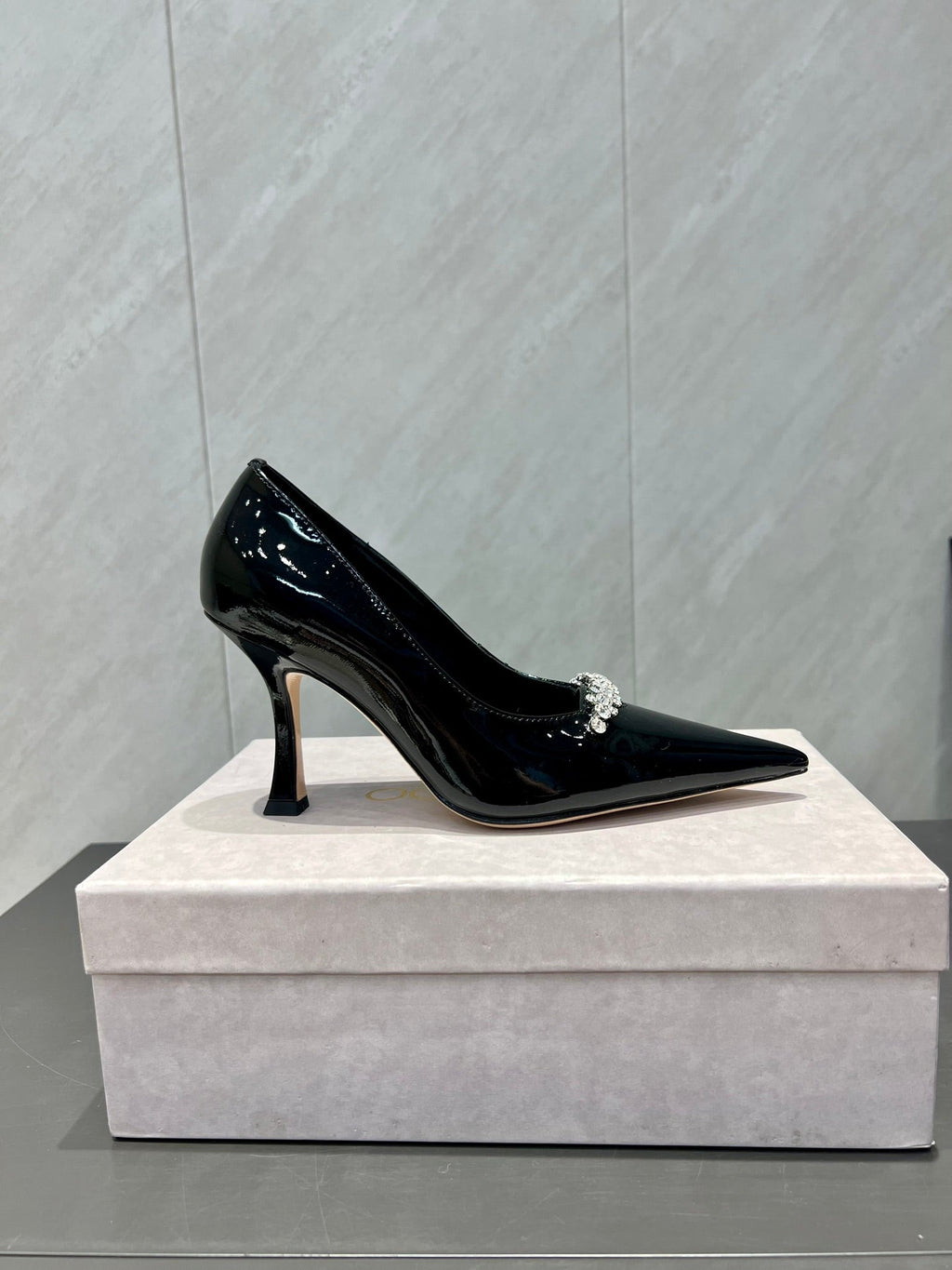 Jimmy Choo Belinda 85mm Heels Black Patent Leather Crystal Studded Heels 540679